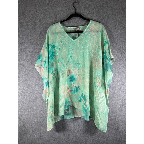 Chico's Blouse Women S/M Green V Neck‎ Paula Poncho Mature Semi Sheer Artsy - Picture 1 of 8